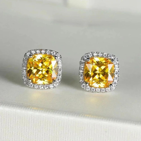 NEW 18k White Gold Citrine Diamond Halo Earrings - Picture 2 of 6